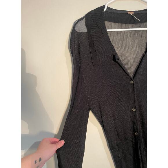 Free People Black Sheer Ribbed Slinky Button Down Long Sleeve Top - Picture 4 of 12